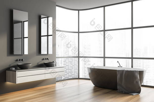 全景浴室的拐角处，有灰色的墙壁、木制的地板、舒适的浴缸和带有镜子的双层水池。3d渲染