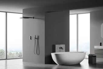 深灰色浴室，白色浴缸，靠窗淋浴，侧视图。大理石地板上现代木制灰色浴室的简约设计图片
