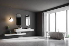 浴室角落里有深灰色的墙壁, 一个双水槽站在白色的台面上, 两个垂直的镜子挂在上面。一层水泥地板。3d 渲染模拟