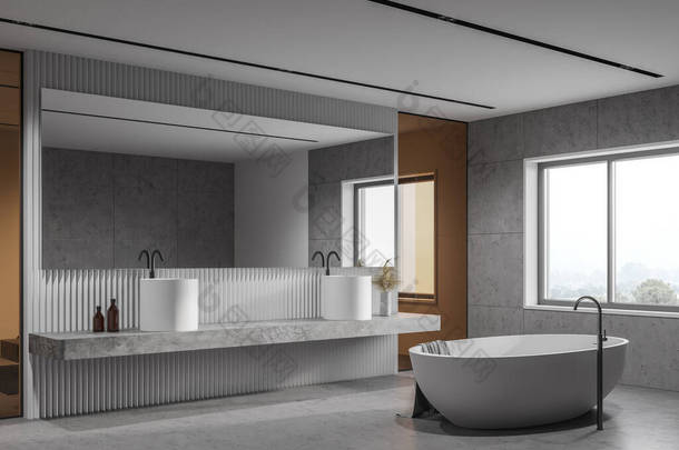 阁楼浴室角落，有白色的瓷砖和玻璃墙，混凝土地面，巨大的双层水池矗立在石架上，有巨大的水平面镜子和舒适的浴缸。3d渲染