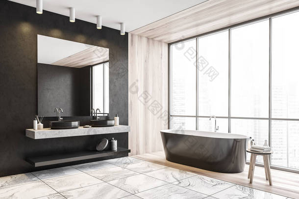 带有灰色和木制<strong>墙壁</strong>的时尚浴室角落，大理石地面，舒适的浴缸和两个带有镜子的圆形浴缸。3d渲染