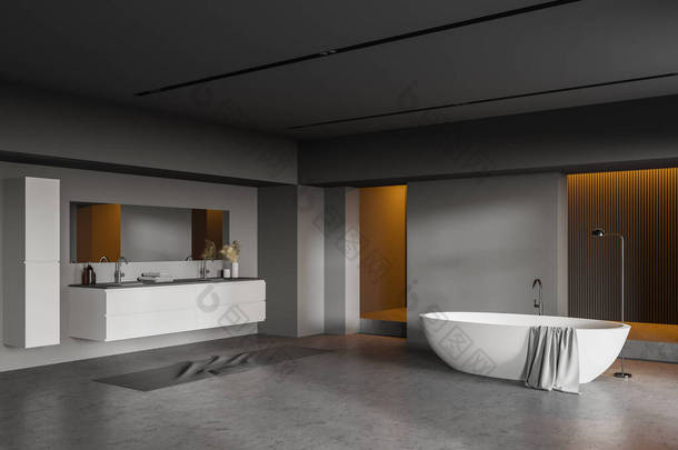 宽敞的浴室角落，带有深灰色墙壁、混凝土地面、舒适的浴缸和带有水平镜的灰色台面双层水池。3d渲染