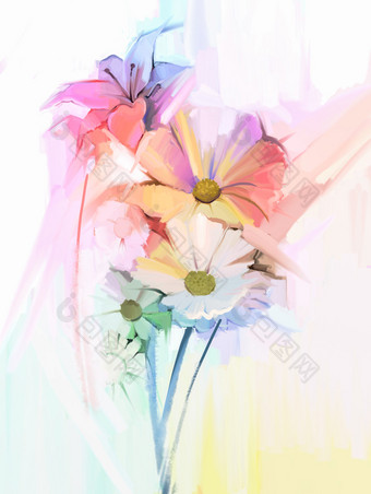 Still life of white color flowers with soft pink and purple. Oil Painting Soft colorful Bouquet of d图片