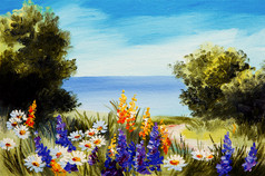 油画花卉附近的大海，甘菊领域