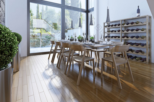 Design of dining room with brown furniture