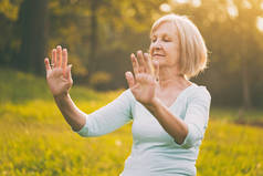 老年妇女在大自然中喜欢锻炼太极。图像是故意色调.