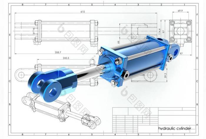 技术工程图上液压缸的三维示意图