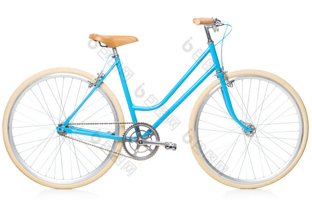 时尚女装蓝色自行车上白色孤立
