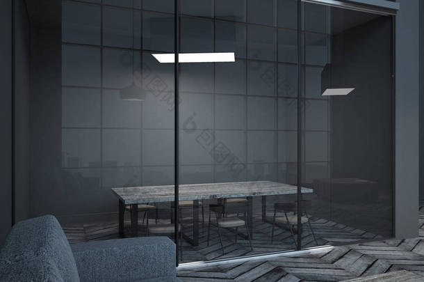 当代<strong>会议</strong>室内有玻璃幕墙。工作场所和研讨会的概念。3d 渲染 