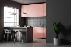 灰色瓷砖厨房与混凝土地板, 大窗口和粉红色台面的侧面视图。3d 渲染复制空间