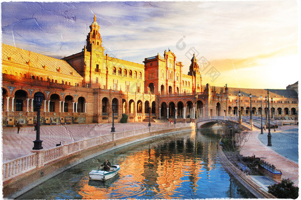 美丽广场塞维利亚-西班牙在绘画风格的日落插图