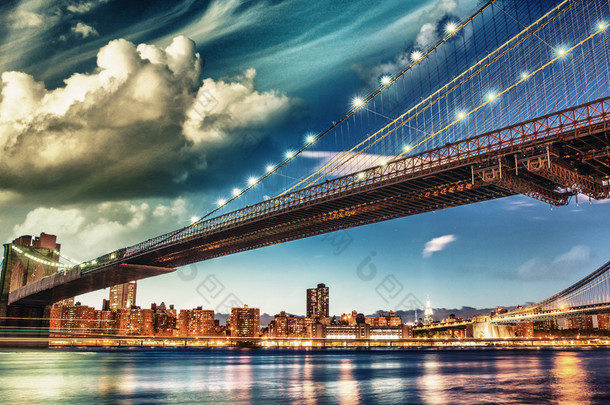 布鲁克林大桥公园，纽约。在夏天的曼哈顿天际线