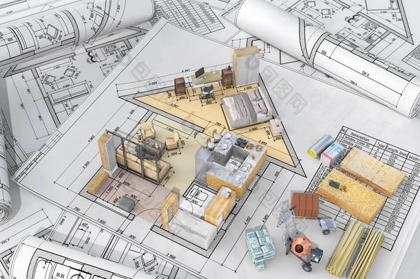 在建筑过程中，在白色背景上以无墙壁房屋的形式将房屋分割成内部，并附有蓝图。3d说明