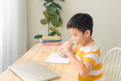 亚洲小男孩在使用笔记本电脑、坐在办公桌前做作业时喝水的肖像。电子学习和教育概念.