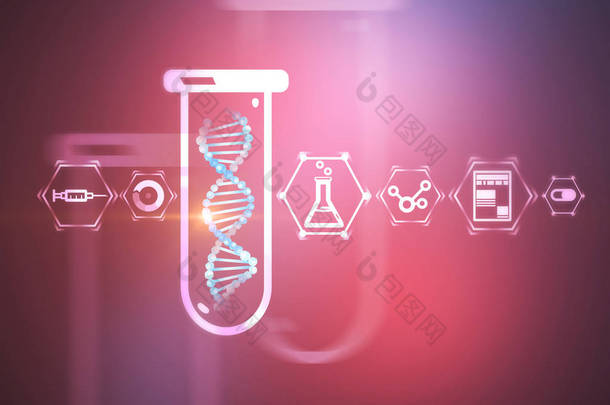 白色<strong>蓝色</strong> dna <strong>螺旋</strong>在试管在紫色背景下与科学和医学图标。生物技术、生物学、医学和科学概念。3d 渲染模拟色调图像