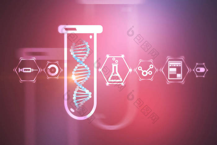 白色蓝色 dna 螺旋在试管在紫色背景下与科学和医学图标。生物技术、生物学、医学和科学概念。3d 渲染模拟色调图像