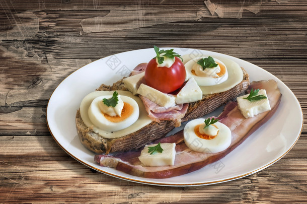 Bacon Cheese Egg Ham and Tomato Sandwich on old Wooden Table