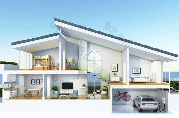 现代住宅截面，适用于智能家居或可持续房屋资讯覆盖，3D渲染