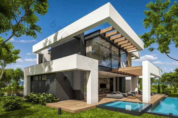 三维渲染现代舒适的房子，带有游泳池和停车场出售或租赁的豪华风格和美丽的背景景观。夏日阳光明媚，蓝蓝的天空.