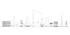白背景的实验室试管和其他生物玻璃器皿系列.大学概念，物体的三维图解