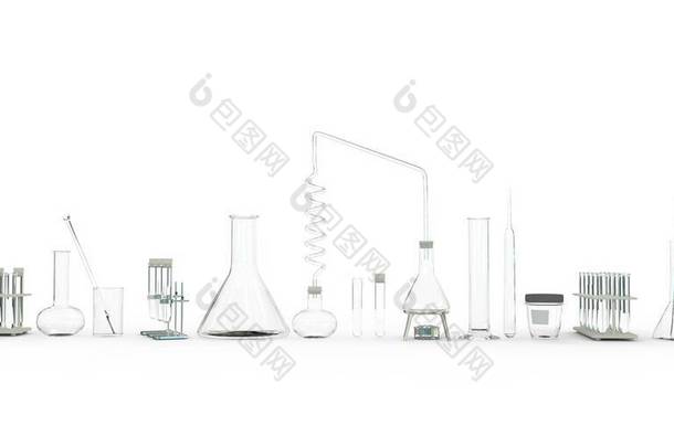 白背景的实验室试管和其他<strong>生物</strong>玻璃器皿系列.大学概念，物体的三维图解
