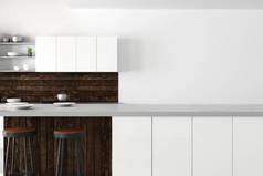 当代白色厨房内部与拷贝空间、家具、柜台、用具和厨房用具。模拟, 3d 渲染 