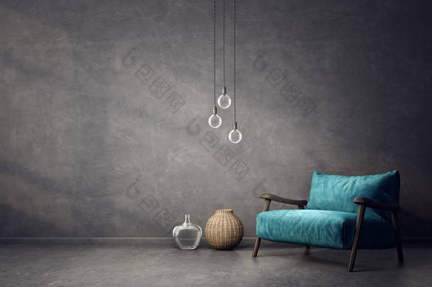 现代化的客厅配有蓝色扶手椅和灯具。斯堪的纳维亚室内设计家具。3d 渲染插图