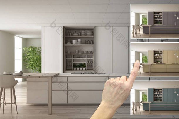 建筑师设计师的概念, 手工显示现代木制厨房颜色在不同的选项, <strong>室内设计</strong>项目草案, 颜色选择器, 材料样品