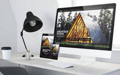 minimal desktop with responsive architect studio on devices 3d rendering