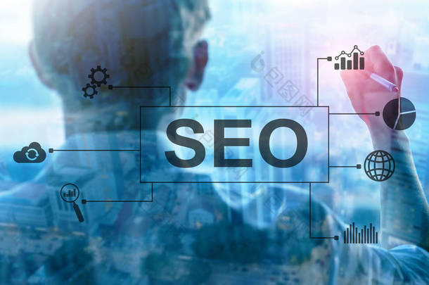 SEO -搜索引擎优化、数字营销和模糊背景下的互联网技术概念.
