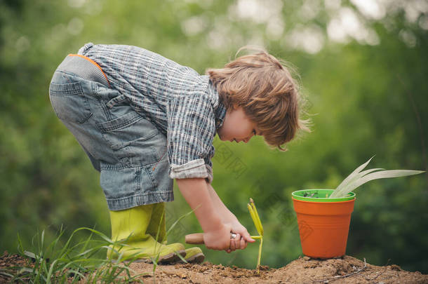 园丁。有机农场。一个孩子扮演一个农夫。一个男孩子在田里种菜.生物<strong>食品</strong>.