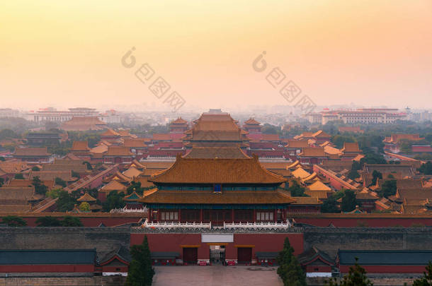 日落时分北京禁城风景的鸟瞰图