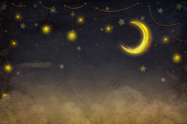 梦幻般的月亮和星星在夜空的绳索 