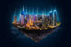 在空中漂浮着智慧的城市，拥有现代化的建筑和夜晚闪耀的网络连接