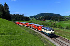五彩斑斓的客运列车在绿树成荫的森林中前行，行驶的列车