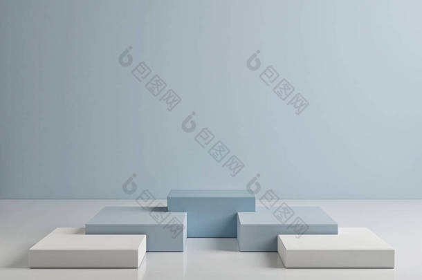 模拟讲台，抽象的白色和蓝色形状，3D插图