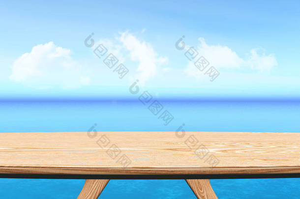 3d 木桌,眺望蓝色海洋景观