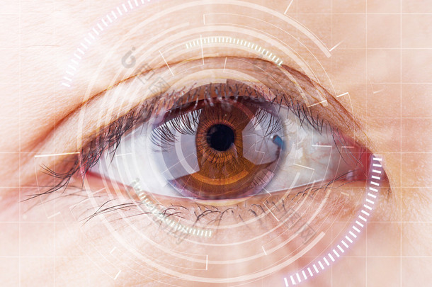 特写的棕色眼睛的未来白内障保护、 <strong>扫描</strong>、 康泰克