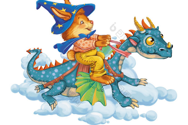 Cartoon hare astride a dragon rush in clouds.