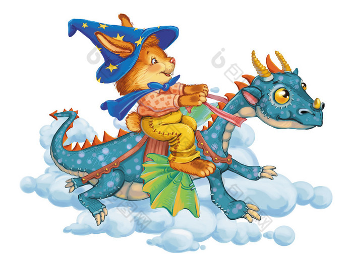 Cartoon hare astride a dragon rush in clouds.