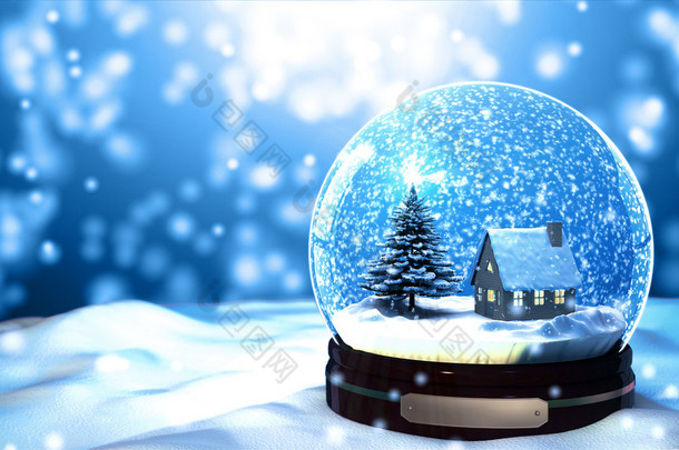 圣诞节雪地球片雪花和降雪在蓝色背景上