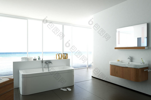 视图的宽敞典雅的浴室，一间公寓里。3d 渲染