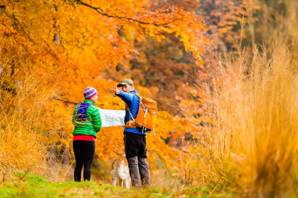 夫妇和地图在秋季森林徒步旅行