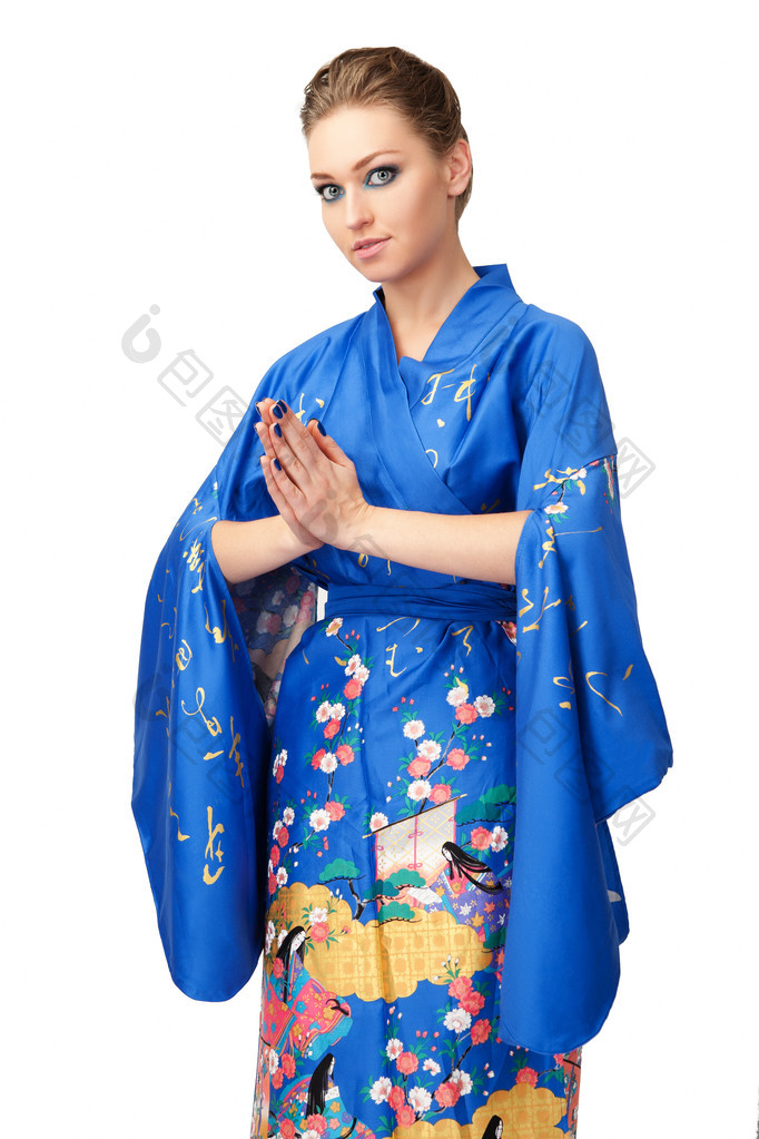 在与上的大风扇的传统日本和服的日本女孩-包图企业站