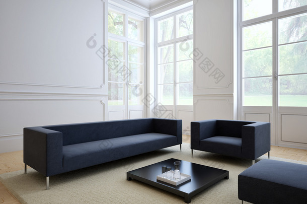 组织在现代的客厅里的沙发。3d 渲染