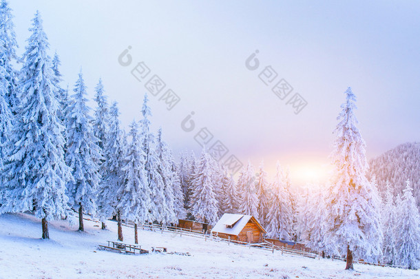 冬天在山上的小木屋
