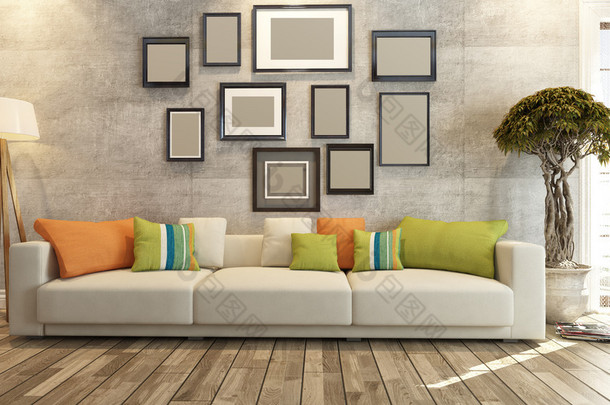 室内设计与混凝土墙 3d 渲染的帧