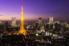 晚上，东京，日本的东京塔城市景观