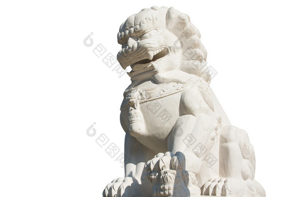 中国寺庙上白色孤立石头狮子雕像