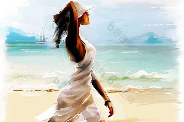 在阳光明媚的海滩上的女人